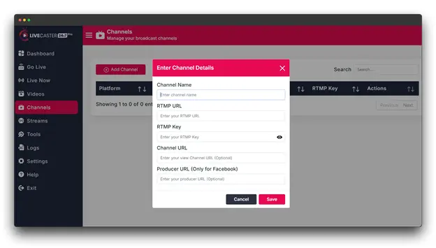 Instagram Live Streaming A screenshot of the Livecaster dashboard, a tool for live streaming. The user is prompted to enter channel details, including the channel name, RTMP URL, RTMP key, channel URL, and producer URL (optional). These details are required to set up a new broadcast channel for live streaming.