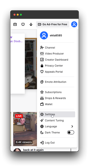 Twitch Streaming This menu provides access to essential tools for live streaming on Twitch, including Stream Manager, Alerts, Analytics, Community, Content, Settings, Channel, Moderation, Viewer Rewards, Stream Together, Streaming Tools, and Extensions.