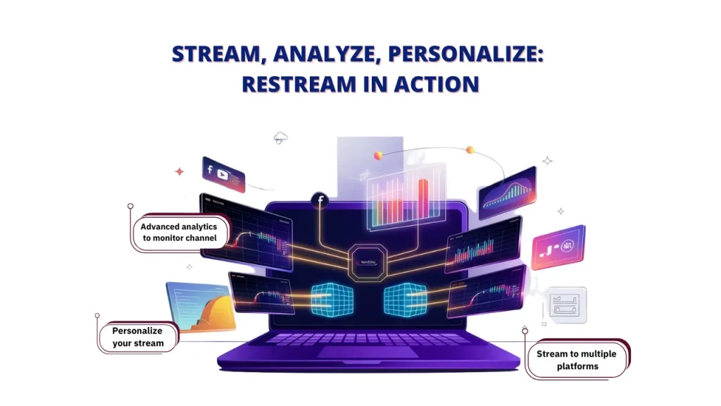 An illustration of a laptop with various streaming and analytics tools connected to it, representing the power of Restream for managing and analyzing live streams. Keywords: live Restream, Live with Restream, How to Go Live with Restream, Restream features, live streaming platform, stream analytics.