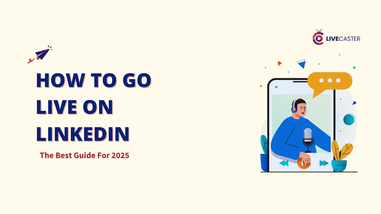 How to Go Live on LinkedIn: The Best Guide for 2025. A man with headphones and a microphone is live streaming on his phone. LinkedIn Live: Broadcast your expertise to a global audience. Live on LinkedIn: Engage with your network in real-time. How to go Live on LinkedIn: Learn how to share your knowledge and insights through live video.