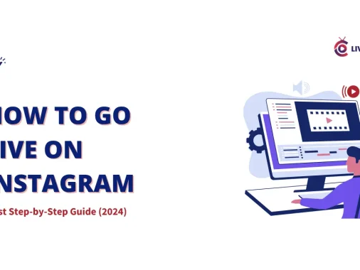 A person sits at a computer editing a live video stream on Instagram. The text on the image reads "How to Go Live on Instagram: Best Step-by-Step Guide (2024).