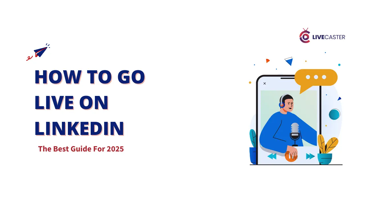 How to Go Live on LinkedIn: The Best Guide for 2025. A man with headphones and a microphone is live streaming on his phone. LinkedIn Live: Broadcast your expertise to a global audience. Live on LinkedIn: Engage with your network in real-time. How to go Live on LinkedIn: Learn how to share your knowledge and insights through live video.