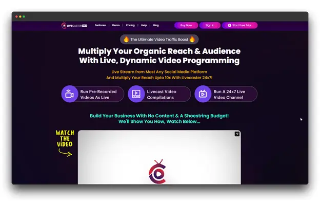 Homepage screenshot of LIVECASTER, claiming to "Multiply Your Organic Reach & Audience With Live, Dynamic Video Programming," featuring options to "Run Pre-Recorded Videos As Live" and a "24x7 Live Video Channel," indicating a specialized Video Scheduling Software for live-stream emulation.
Keywords used: "Video Scheduling Software: Online Video Scheduling Software: Scheduling Software"