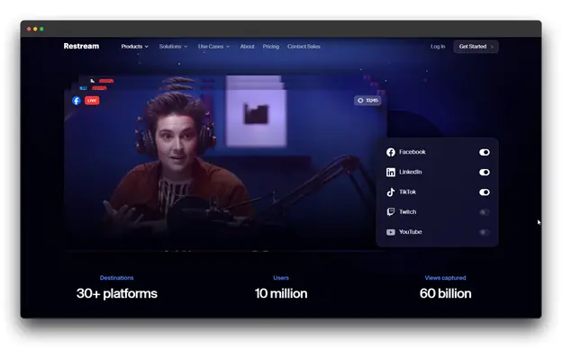 The Restream Studio browser interface showing a broadcast connected to multiple platforms like YouTube, Facebook, and Twitch. The "Upload & Stream" feature is highlighted for automating a pre-recorded live stream. It is an essential tool for a recorded live stream strategy and provides a "no-code" live stream for beginners experience for multistreaming.