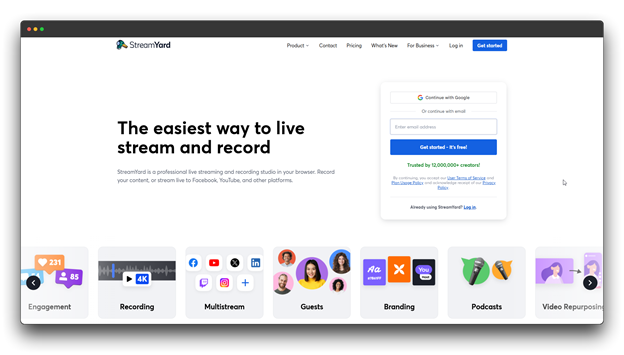 StreamYard browser-based studio showing guest invite links and brand overlays; an essential Software to Live Stream and top Tools for Content Creators. Software to Live Stream ; Best Software to Live Stream; Tools for Content Creators; Live Streaming Software