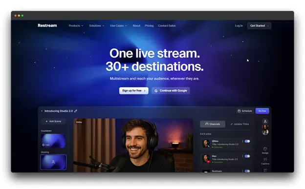 Restream multistreaming dashboard showcasing the ability to broadcast to 30+ platforms simultaneously, a leading Live Streaming Software for maximum reach.  Software to Live Stream ; Best Software to Live Stream; Tools for Content Creators; Live Streaming Software