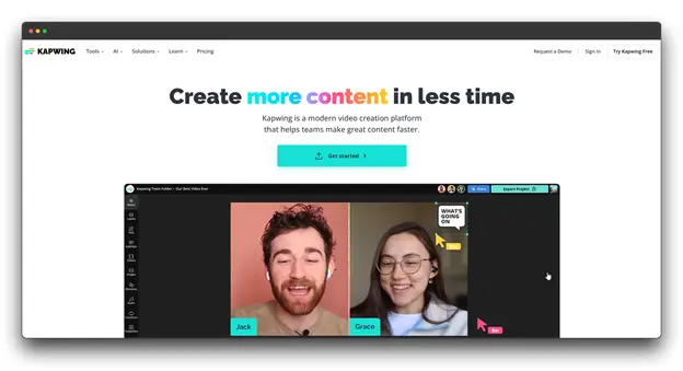 A screenshot of the Kapwing video creation platform, which helps teams create content faster. While primarily an editor, it is a vital tool for preparing and polished pre-recorded videos that creators then use for their Live Streaming sessions and Automated Live Streaming schedules.