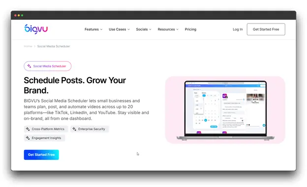 Homepage screenshot of BIGVU's "Social Media Scheduler," promoting the ability to plan, post, and automate videos across up to 20 platforms, clearly identifying itself as a cross-platform Video Scheduling Software.
Keywords used: "Video Scheduling Software: Scheduling Software: Online Video Scheduling Software"