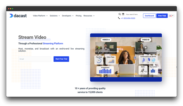 A screenshot of the Dacast professional video hosting and streaming dashboard, featuring advanced analytics and monetization tools. This B2B platform provides robust security for any recorded live stream or pre-recorded live stream. While powerful enough for enterprises, its streamlined hosting makes it an accessible live stream for beginners choice for professional broadcasters.
