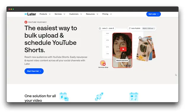 Homepage screenshot of Later, advertising "The easiest way to bulk upload & schedule YouTube Shorts," specializing in vertical video content scheduling, a specific feature of Online Video Scheduling Software.
Keywords used: "Online Video Scheduling Software: Video Scheduling Software: Scheduling Software"