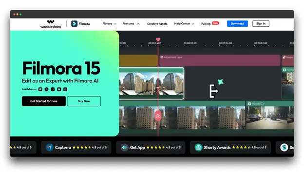 A screenshot of the Wondershare Filmora 15 video editing interface, showcasing a dual-timeline workspace and AI-powered editing tools. This professional editor is perfect for crafting a high-quality recorded live stream or a pre-recorded live stream. Its intuitive layout also makes it a recommended live stream for beginners software for video creation.