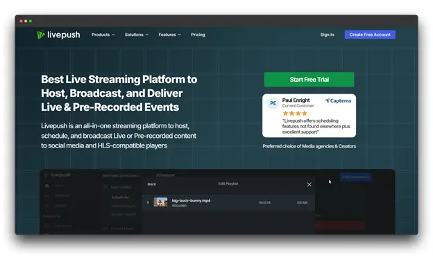 A view of the Livepush dashboard showing multistreaming settings and video scheduling options. This all-in-one platform allows users to easily schedule a pre-recorded live stream to over 40 destinations simultaneously. It serves as a comprehensive recorded live stream solution and a user-friendly live stream for beginners platform for cross-platform broadcasting.