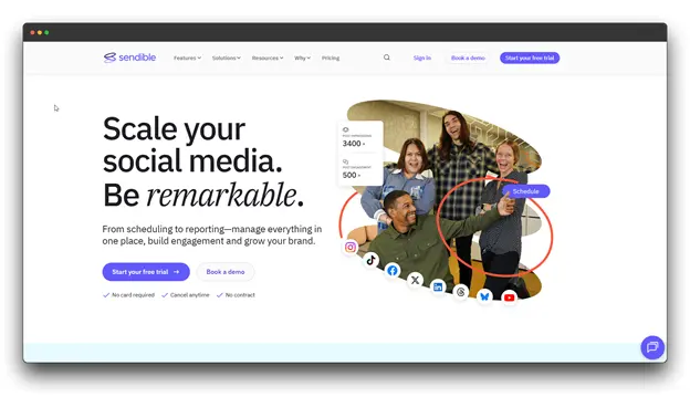Homepage screenshot of Sendible, a platform to "Scale your social media," offering a complete suite from scheduling to reporting, positioning it as a comprehensive Online Video Scheduling Software for growth.
Keywords used: "Online Video Scheduling Software: Scheduling Software: Video Scheduling Software"