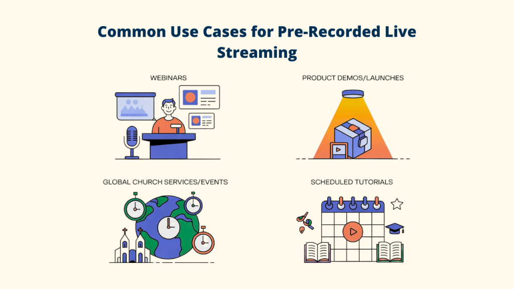 An illustration showing common use cases for a pre-recorded live stream, including webinars, product launches, global church services, and scheduled tutorials for anyone starting a live stream for beginners with a recorded live stream.	Pre-recorded Live Stream; Live Stream for Beginners; Recorded Live Stream